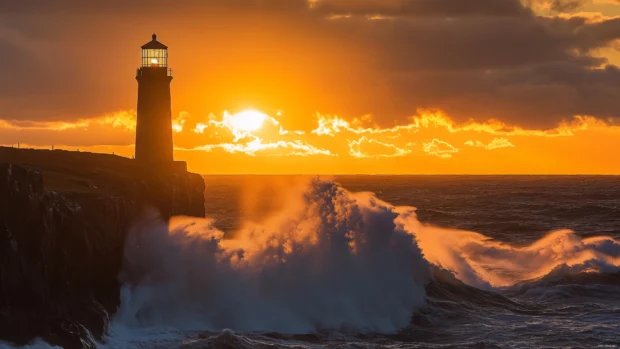 Dramatic sunset over cliffs with lighthouse and ocean spray.