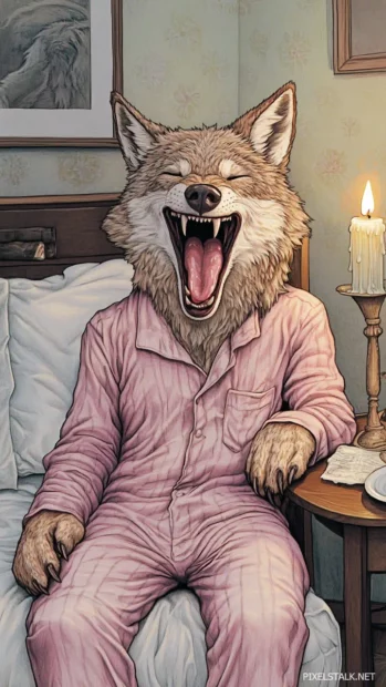Drawn in pastel shades, a fluffy wolf in pajamas yawns beside a candle, perfect for a cozy cute wolf iPhone wallpaper.
