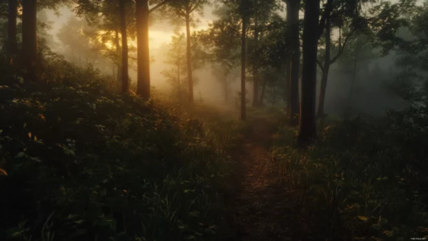 Dreamy forest path illuminated by a hazy sunrise wallpaper with fog.