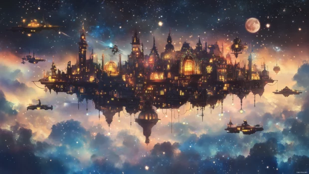 Dreamy futuristic floating city skyline, flying vehicles, glowing structures, starry night.
