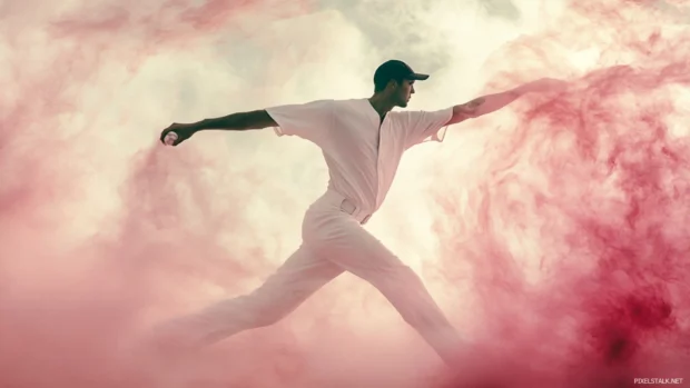 Dreamy pastel colored baseball player, soft glowing hues creating a nostalgic, ethereal atmosphere.