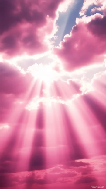 Dreamy pink sky, cotton candy clouds, soft rays shine, golden hour glow.