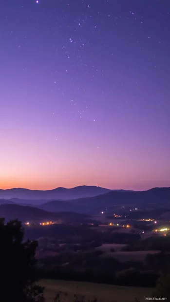 Dreamy purple twilight sky, gradient from light lilac to dark plum, twinkling stars.