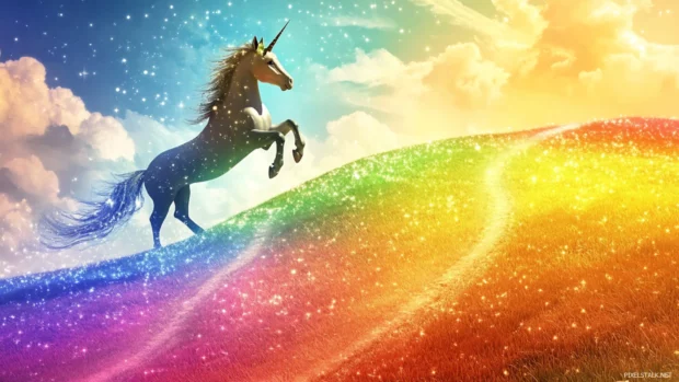 Dreamy scene with a unicorn glitter trail following its leap over a rainbow hill.