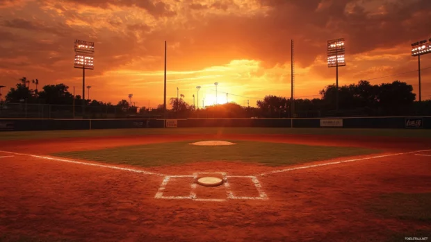 Dreamy sunset stadium view in an aesthetic baseball wallpaper setting.