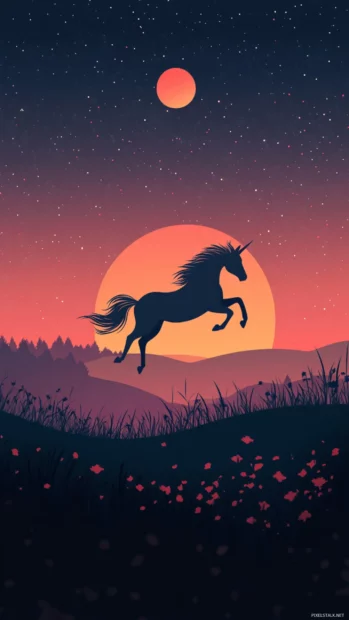 Dreamy unicorn leaping over moonlight fields in this vibrant iPhone wallpaper.