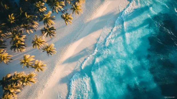 Drone shot of Miami Beach at sunrise with turquoise water, white sand, and palm tree.