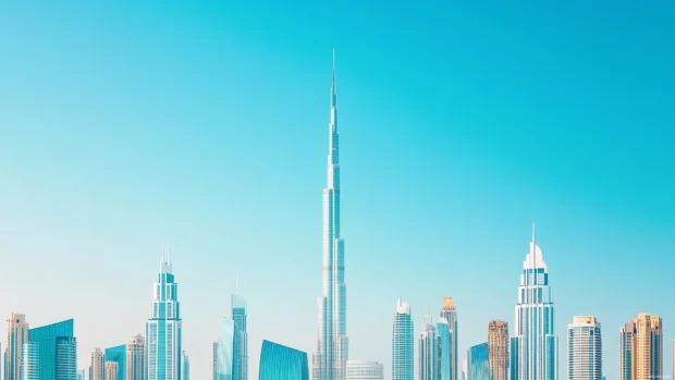 Dubai cityscape, simple view, key buildings, bright blue sky.