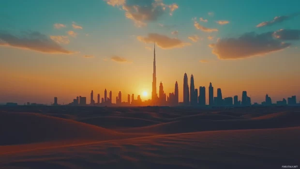 Dubai desert scene, simple, with city skyline silhouette behind.