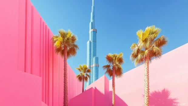 Dubai landmarks in striking view, sharp lines, simple colors.