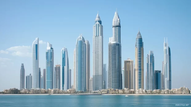 Dubai skyline in elegant view, modern skyscrapers, calm sky.
