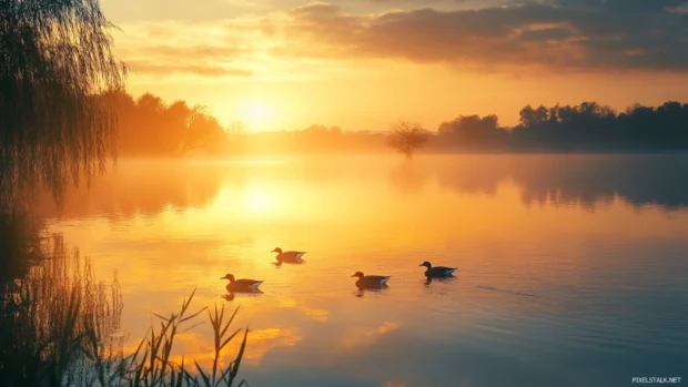 Ducks glide across water in a magical Sunrise Wallpaper with Lake view.