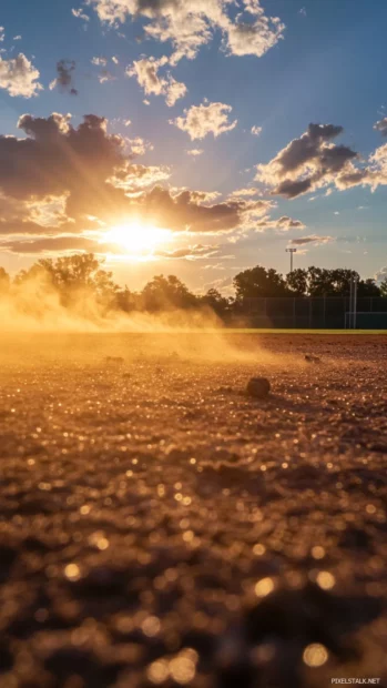Dust kicked up in the air during sunset baseball practice enhanced by Sunset reflecting on baseball field.