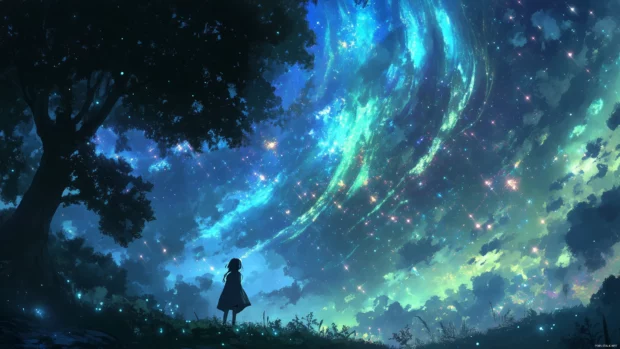 Dynamic Anime sky, colorful auroras swirl above tranquil forest, blue and green glow.