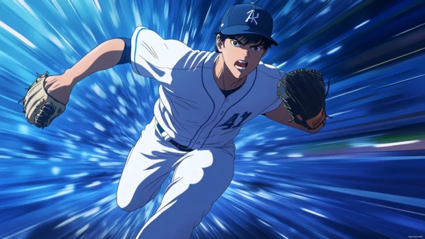 Dynamic action scene of a pitcher throwing a fastball in baseball wallpaper 4k.