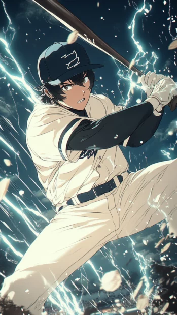Dynamic anime style illustration of a baseball mid pitch, with exaggerated speed effects, bold shading, and electric energy lines.