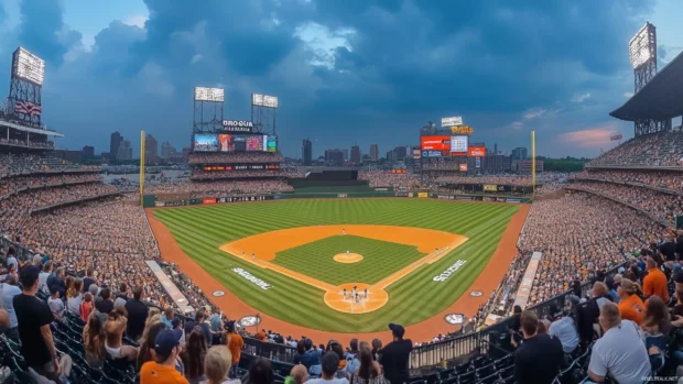 Dynamic panoramic shot of crowd reactions in baseball stadium.