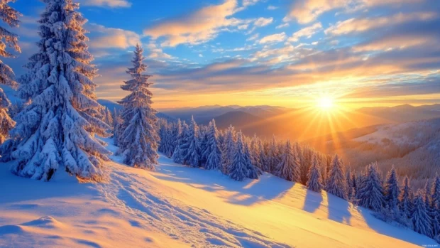 Early light climbs snowy ridges in this Mountain Sunrise wallpaper.