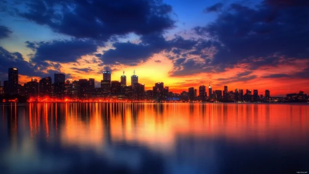 Early morning city lights fading under a stunning sunrise wallpaper with city skyline.