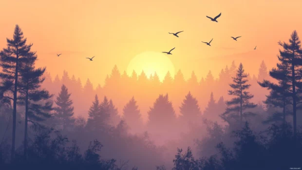 Early morning forest with birds awakening, a peaceful scene for your sunrise wallpaper with birds.