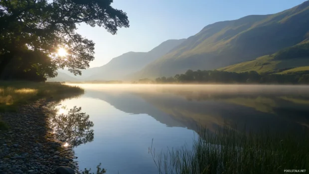 Early morning mist floats above the lake as the sun rises.
