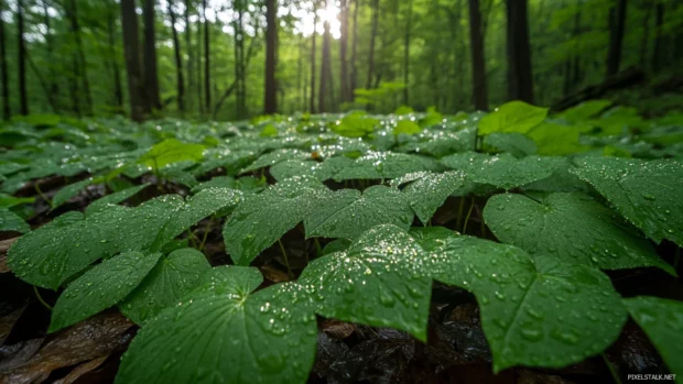Early rays sparkle on dew covered leaves in the forest.