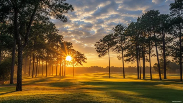 Early rays spill through pine trees in this peaceful Sunrise Wallpaper for Macbook.