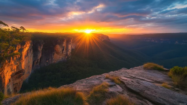 Early sunlight beaming over cliff edge, nice for sunrise 4K image.