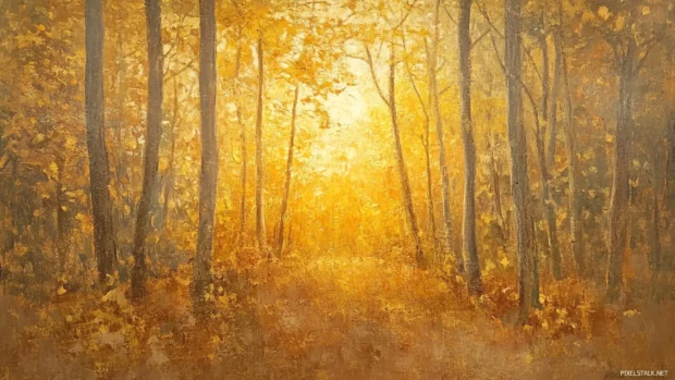 Early sunlight paints the forest in gold and amber.