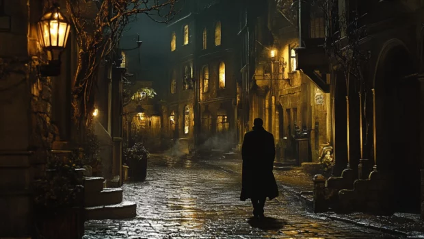 Echoes of footsteps follow empty alleyways in the dark city.