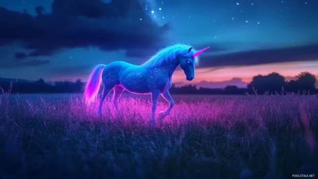 Electric aurora illuminates a serene Unicorn in a glowing field.