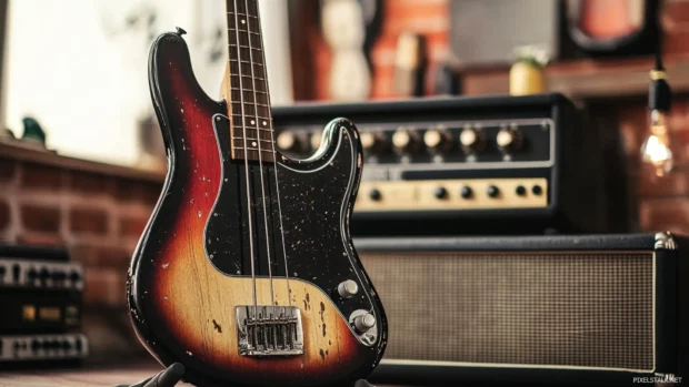Electric bass guitar propped on vintage amp.