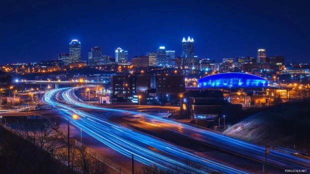 Electric blue pulses across this urban City Night.