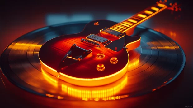 Electric guitar glowing under soft LED lights in perfect realism with visual energy inspired by Vinyl record spinning 4K background.