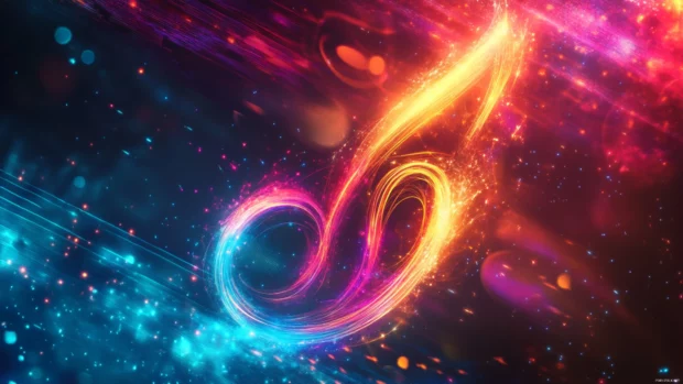 Electronic music 4K wallpaper for desktop, High res treble clef illustration with glowing trails.