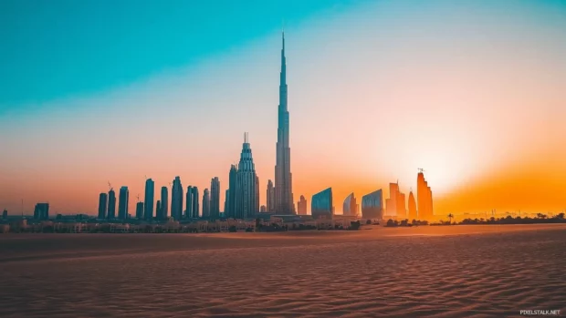 Elegant Dubai skyline, bold skyscraper designs, peaceful sky.