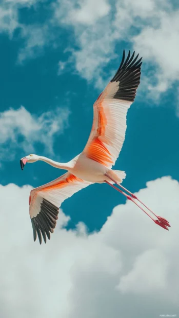 Elegant flamingo walking with a serene cloud filled backdrop, perfect for phones.