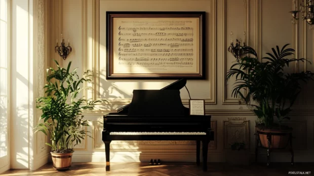 Elegant frame showcasing preserved sheet music on wall.