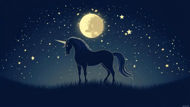 Elegant unicorn silhouette wallpaper with a moon and stars on dark blue canvas.