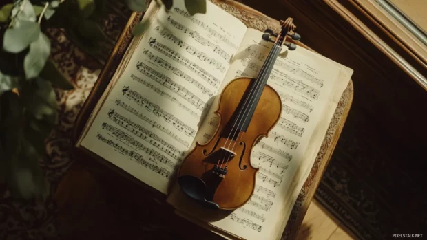 Elegant violin placed gently over handwritten sheet music.