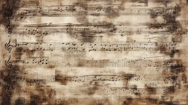 Elegantly scripted sheet music in dark sepia tones, Baroque music sheet background.