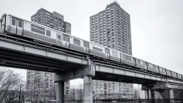 Elevated trains blur past in a soft grayscale light.