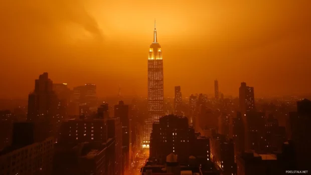 Empire State Building in iconic New York City skyline at sunset under golden orange sky.