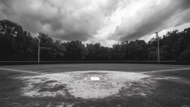 Empty baseball diamond captured in timeless monochrome, Grainy black and white baseball background.