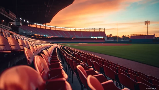Empty baseball stands in soft orange twilight.