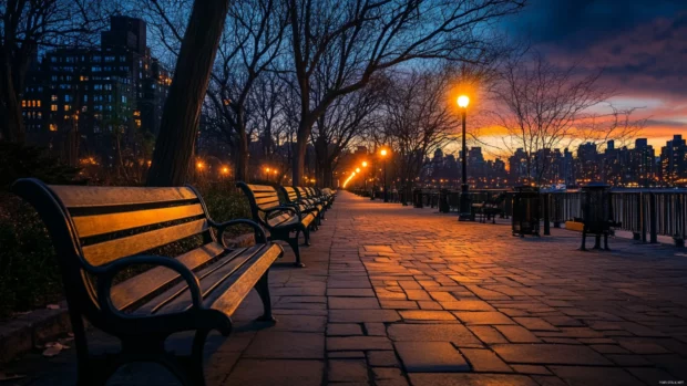 Empty benches face a glowing horizon of City Lights.