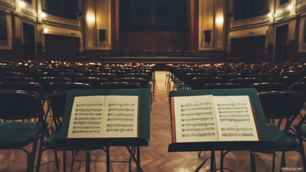 Empty orchestra hall with lit music stands and chairs.