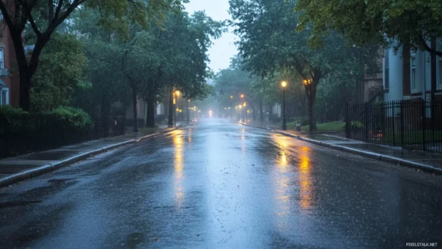 Empty street soaked under early morning drizzle.