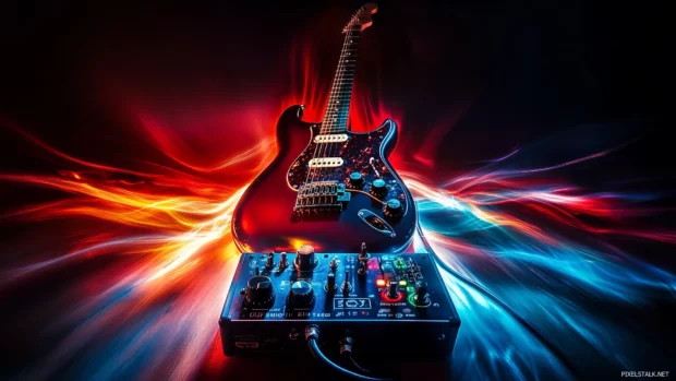 Energetic and edgy heavy metal ambiance haunting image distorted electric guitar plugged into pedal board vibrant colored lights reflecting off pedals.