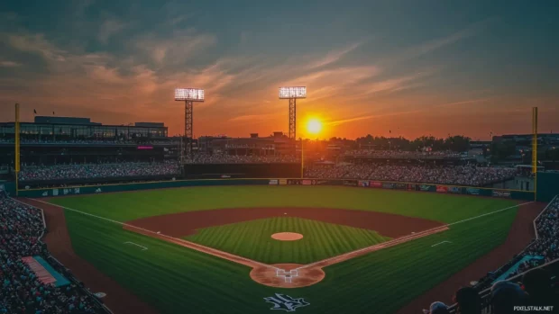 Epic baseball shot, cinematic shot of a baseball stadium during golden hour.